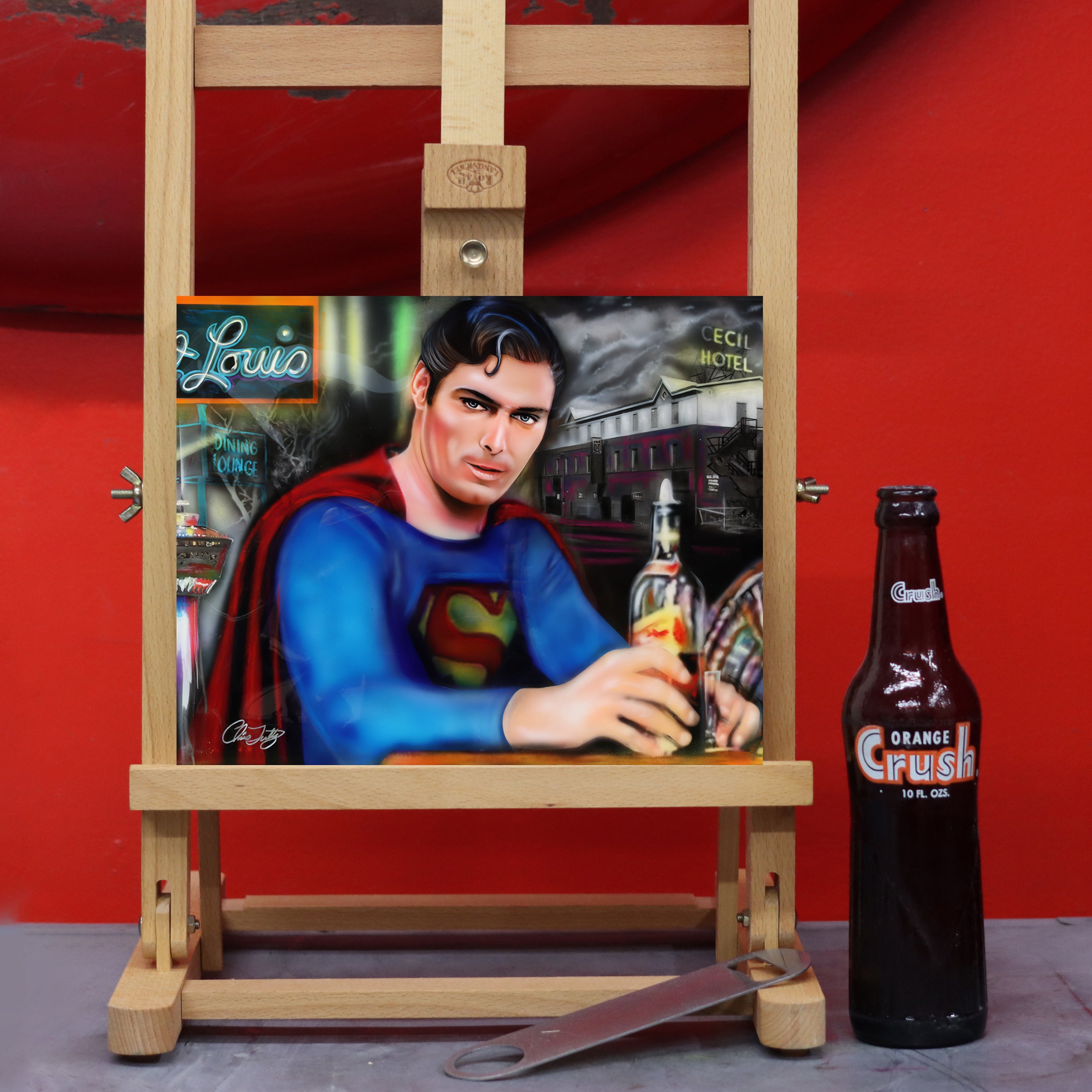 "Drunk Superman" Christopher Reeve celebrity portrait by Chris Tutty