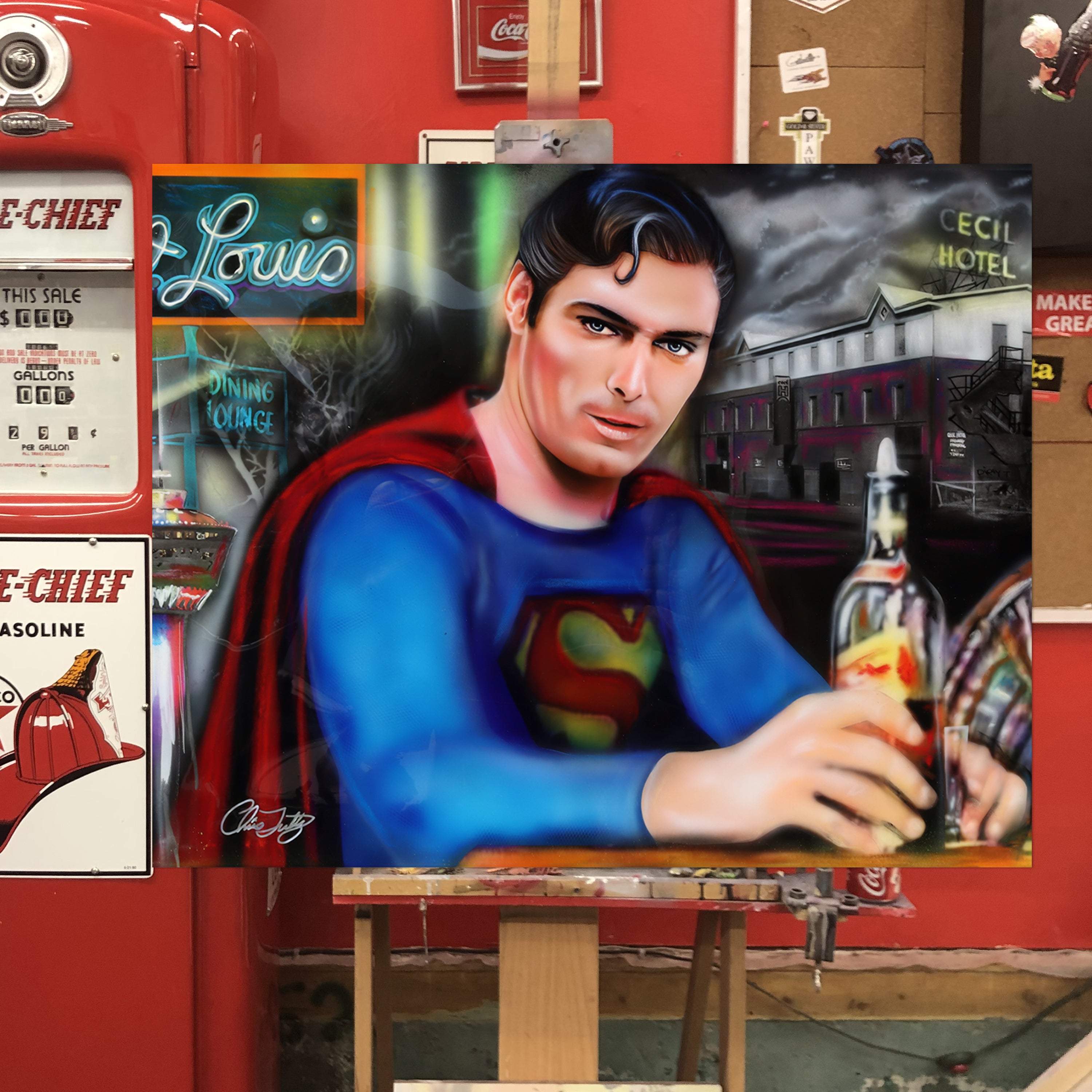 "Drunk Superman" Christopher Reeve celebrity portrait by Chris Tutty