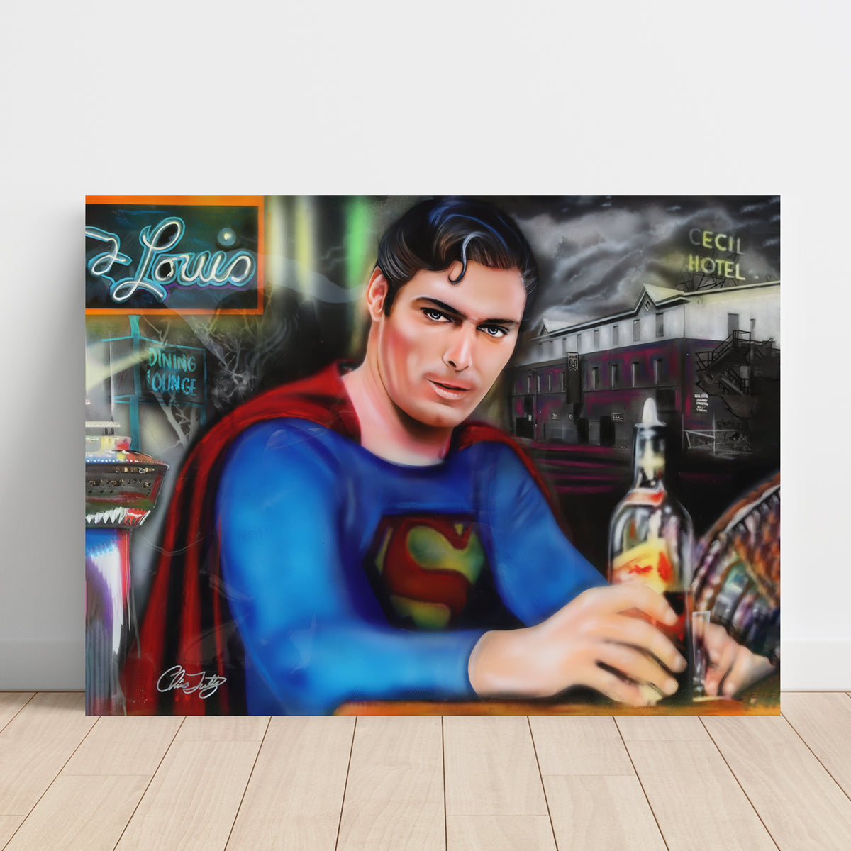 "Drunk Superman" Christopher Reeve celebrity portrait by Chris Tutty